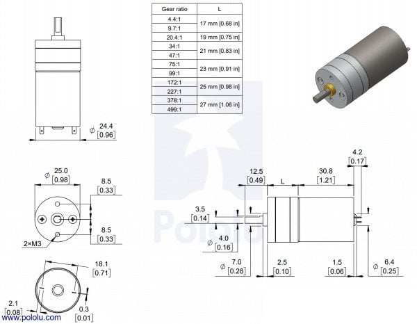 31:1 6V 450RPM 20mm Redüktörlü DC Motor PL-3451