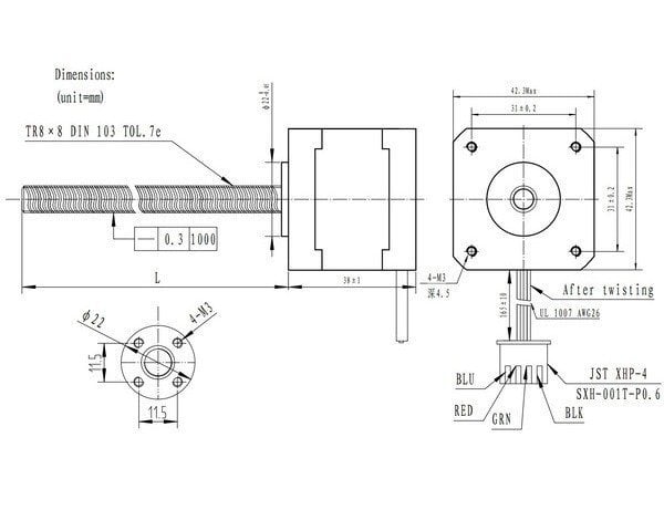 Nema 17 200 Adım 4Pin Step Motor 42×38mm 18cm Vidalı H/Bi 1.8C 3,7kg-cm 1.7A 2.8V